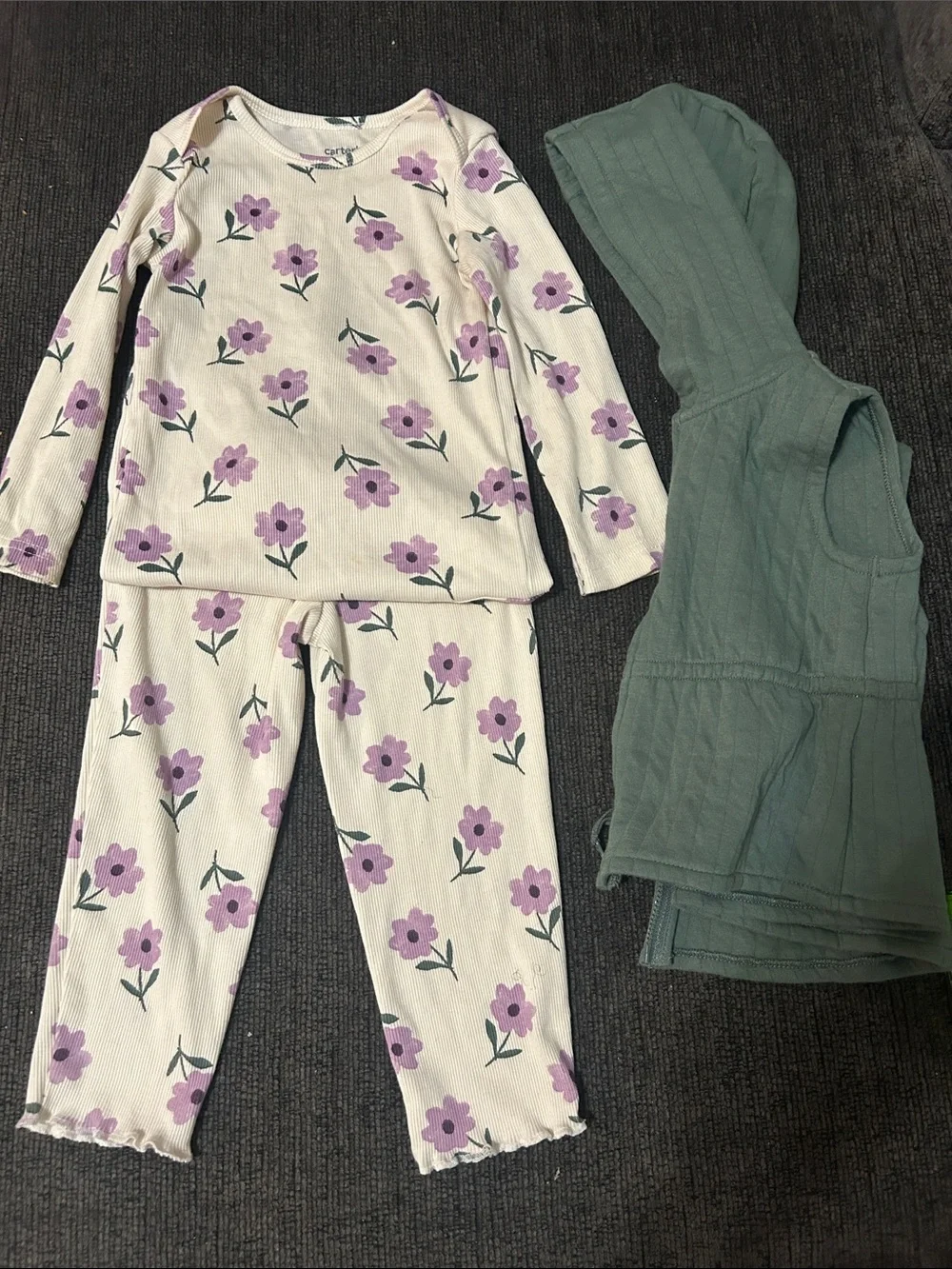 Carter's Green Quilted Hooded Vest with Cream & Lavender Floral Top and Pants